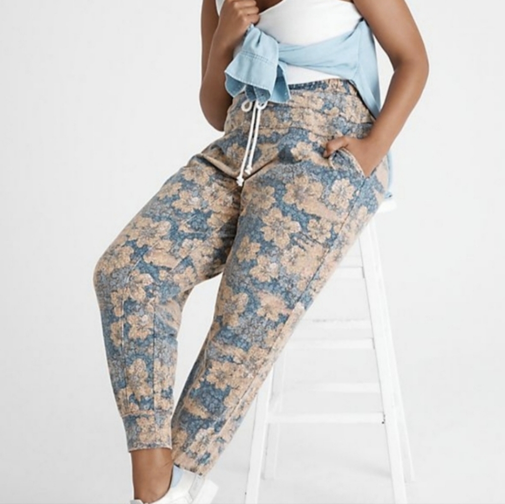 Floral Drawstring Jogger Pants - Blue & Tan
